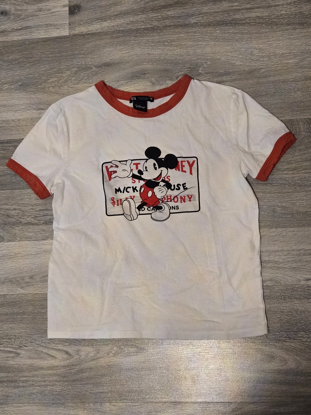 Zara Disney White Tee with Red Ringer and Mickey Graphic